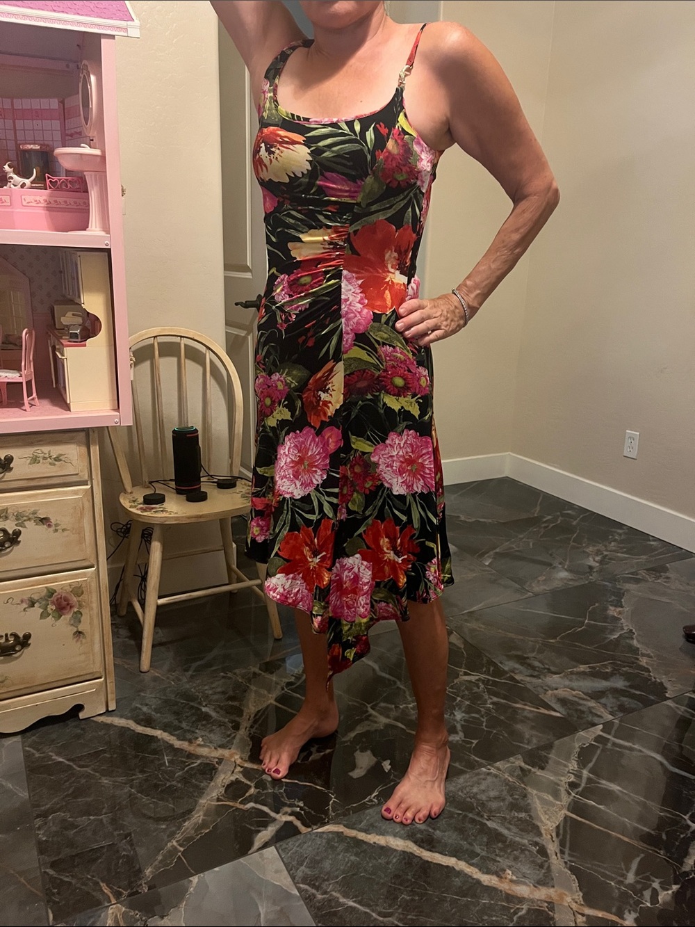 Cache Floral Midi Slip Dress with Spaghetti Straps - Black Multi